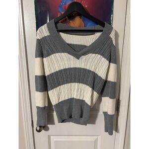 Womens Grey y2kWhite Striped Cable Knit V-Neck Sweater Long Sleeve Ribbed Trim